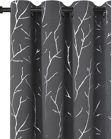 BUHUA Blackout Curtains Set of 2 Panels, Small Window Grommet Top Window Drapes, Room Darking Short Bedroom Curtains with Branches Silver Print Pattern 52W x 54L, Dark Grey