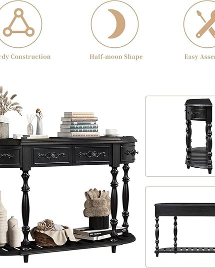 HMFULE Retro Curved Console Table, 52" Solid Wood Half Moon Console Table Sofa Table with 4 Drawers 1 Open Shelf for Living Room,Entryway,Hallway,Black