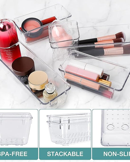 25 PCS Drawer Organizer Set, 4 Varied Size Bathroom and kitchen Drawer cabinet organizer Trays, Clear Storage Bins for Makeup, Jewelry, Utensils and Gadgets