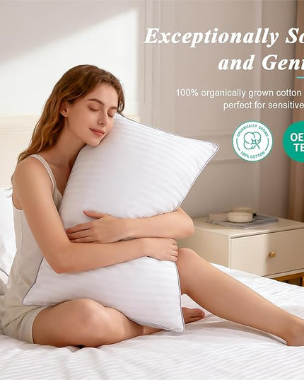 Bed Pillows Queen Size Set of 2-100% Cotton Cover, Down Alternative Gel Polyfill Filled, Flat Soft Medium Adjustable Hotel-Style Pillow Inserts, 20x30 Inch