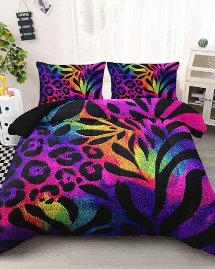 AILONEN Rainbow Leopard Print Comforter Set Full Size,Tropical Leaves Print Boho Bedding Set for Room,3Pcs,1 Duvet with 2 Pillowcases
