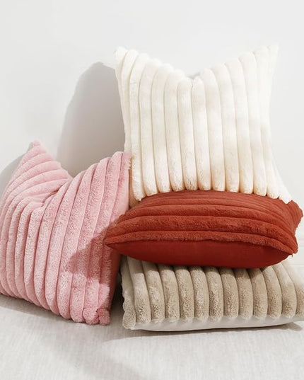 decorUhome Faux Fur Spring Throw Pillow Covers 18x18 Set of 2, Decorative Soft Plush Striped Neutral Couch Euro Pillow Covers with Velvet Back for Sofa, Bed, Living Room Home Decor, Rust