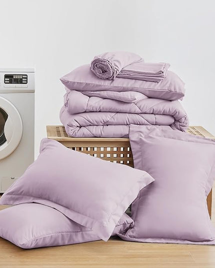 Love's cabin California King Comforter Set Light Purple, 7 Pieces California King Bed in a Bag, All Season Bedding Sets with 1 Comforter, 1 Flat Sheet, 1 Fitted Sheet, 2 Pillowcase and 2 Pillow Sham