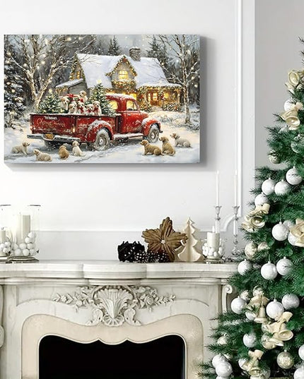 YONICA Christmas Canvas Wall Art 36x24 Inches - Home Decor with Pine Tree, Red Truck, Dog Prints - Winter Painting, Xmas Art for Living Room & Bedroom