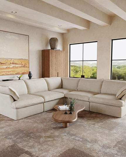 JACH V-Shaped Beige Cloud Couches, Convertible Modular Sofas, Minimalist Deep Seat Sofa, Down Fill Sectional, Couch Sofa Furniture for Living Room, Office, Apartment