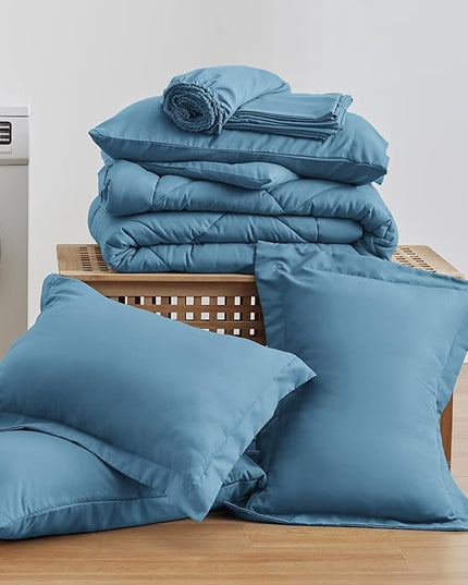 Love's cabin Full Comforter Set Misty Blue, 7 Pieces Full Bed in a Bag, All Season Bedding Sets with 1 Comforter, 1 Flat Sheet, 1 Fitted Sheet, 2 Pillowcase and 2 Pillow Sham