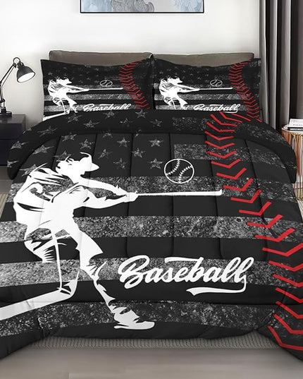 Comforter Set King Size, Baseball American Flag Soft 3 Pcs Bedding for Kids and Adults America Athlete Sport Comforter Set with 2 Pillowcases for Bedroom Bed Decor