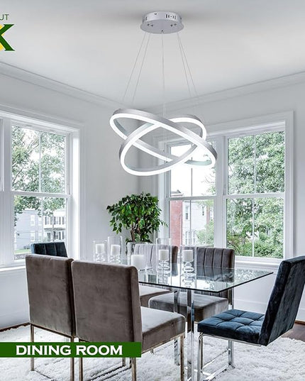 2-Rings Modern LED Chandelier Silver for Dining Room, Circular Flush Mount Ceiling Chandelier Light Dimmable Pendant Light with Remote Control for Living Room Entrance Foyer, 3000K-6500K