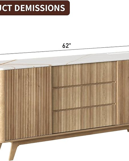 62" W Fluted Buffet Cabinet with Sliding Doors, Modern Sideboard Storage Cabinet with Power Outlet & 3 Drawers, Mid-Century Coffee Bar Table for Living Room, Dinning Room, Natural