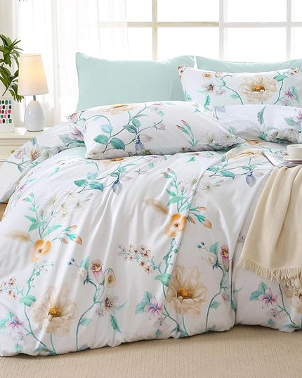 MUXHOMO Green Branch Bed in a Bag Queen 7 Pieces, Queen Comforter Set Reversible Botanical Flowers Design, Ultra Soft & Breathable Bedding Sets with Comforter, Sheets, Pillowcases & Shams