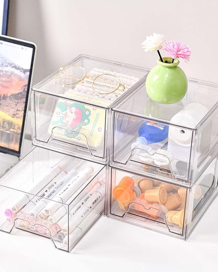 4 Pack Stackable Makeup Organizer, 4.4'' Tall Acrylic Bathroom Makeup Organizer and Storage Drawer with Pull-out Handle, Clear Plastic Storage Bins for Vanity,Pantry,Desk,Undersink,Kitchen
