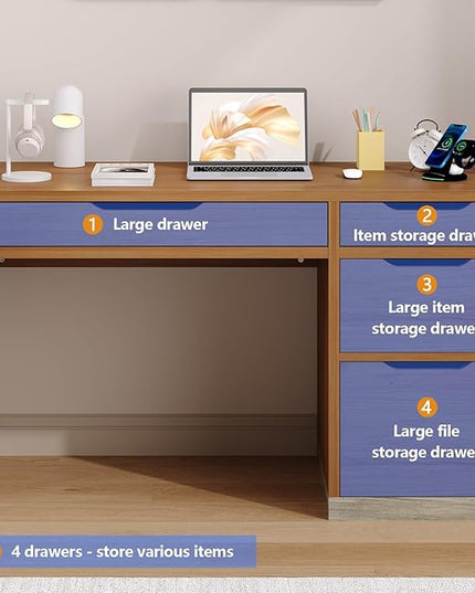 52 Inch Desk with 4 Drawers, Small Computer Desk for Small Space, Home Office Desk with Storage File Cabinet for Bedroom, Brown