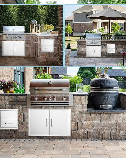 Outdoor Kitchen Drawers Stainless Steel 2-Drawer BBQ Drawer 14" W x 15" H x 23" D Enclosed Built-in Drawer Flush Mount for Outdoor Kitchens & BBQ Islands