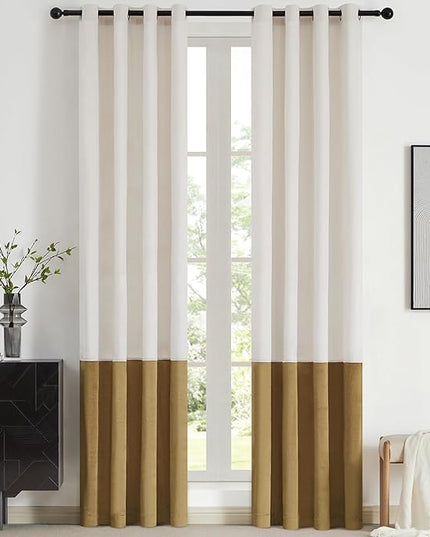 BULBUL Color Block Window Curtains Panels 96 inches Long Cream Ivory Gold Velvet Farmhouse Drapes for Bedroom Living Room Darkening Treatment with Grommet Set of 2