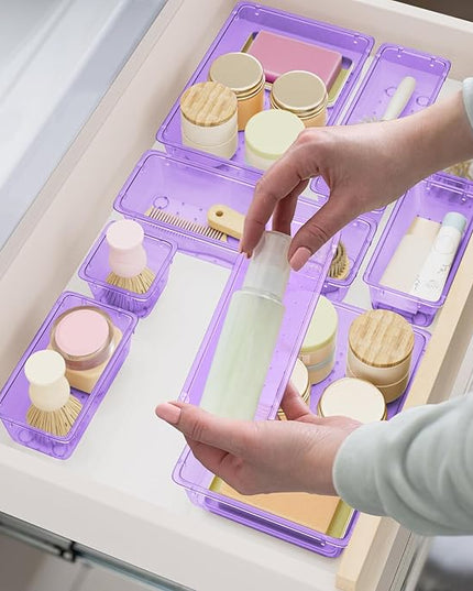 15 PCS Clear Plastic Drawer Organizer Set, 4-Size Acrylic Drawer Storage Trays, Storage Bins for Makeup, Gadgets, and Jewelry in Bathroom, Bedroom and Office, Clear Purple