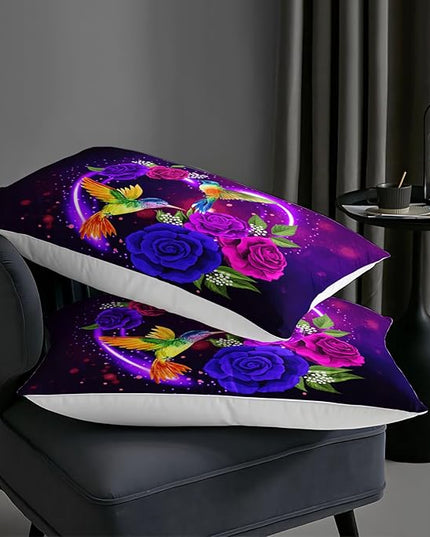 AILONEN 3D Hummingbird Comforter Set Queen Size, Lovely Heart Pattern with Rose Bedding Set for Girls Women,Deep Purple Galaxy Bed in a Bag,3 Pieces,1 Quilt and 2 Pillowcases,Soft Microfiber