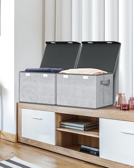 Univivi Storage Bins with Lids [4-Pack] Large Collapsible Stackable Fabric Storage Boxes with Lids, Decorative Closet Organizers and Storage for Clothes, Office, Bedroom (Gray, 17“ x 12” x 12")