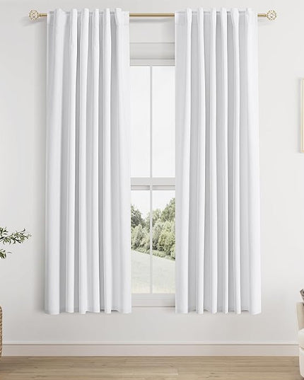 Guken 100% Blackout Linen Curtains 40 Inch Wide by 63 Inch 2 Panels Set for Living Room Bedroom Back Tab Thermal Insulated Black Out Linen Drapes Room Darkening Window Curtains, Pure White