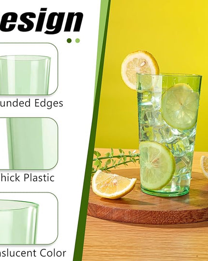 Liacere Plastic Drinking Glasses (Set of 12) 18oz Highball Green Reusable Plastic Glasses Colors，Kitchen Water Glasses Cup, Bar Tumbler Glassware Set for Beer, Juice, Cocktail, Whiskey, Milk