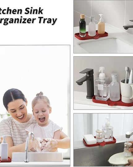 Silicone Bathroom Soap Dishes with Drain Spout-Bathroom and Kitchen Sink Organizer,Sponge Holder,Dish Soap Tray,Perfect for Dispenser,Scrubber,Bottle,Cup on Sink or Counter-Red 9.6"×5.3"