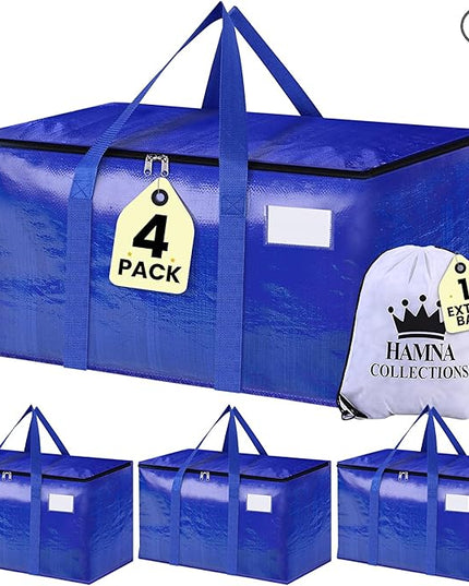 4 Pack Extra Large Moving Bags with Strong Zipper & Handles - Heavy Duty Clothes Storage Tote Bins - Moving Boxes for Space Saving, College Supplies with Drawstring bag
