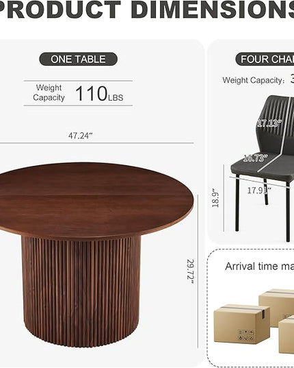 Dining Table Set for 4, 47" Wooden Round Kitchen Table with PU Leather Chairs for Kitchen Room and Small Spaces(Walnut Table + 4 Dakr Grey Chairs)