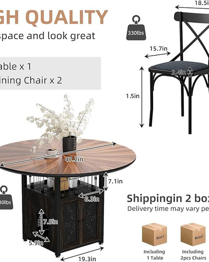 47" Round Dining Table Set for 4-6 People, Large Farmhouse Kitchen Dining Table Set with Chairs and Storage Rack, Metal Base Round Table for Home Dining Room Living Room (Cat table and 2 black chairs)