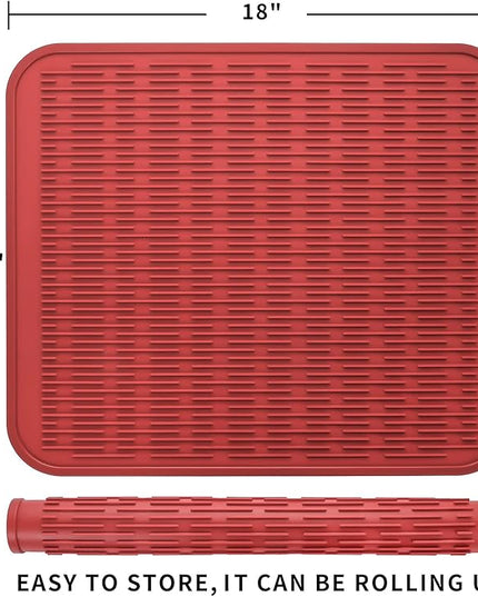 Silicone Dish Drying Mat for Multiple Usage,Easy clean,Eco-friendly,Heat-resistant Silicone Mat for Kitchen Counter or Sink,Refrigerator or Drawer Liner Red XL 18 inches x 16 inches