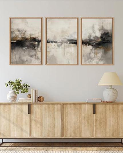 HOURIA Large Abstract Neutral Beige & Black Framed Canvas Wall Art Set,Modern Minimalist Brown Wall Decor,Textured Gray Tan Illustrations Artwork for Living Room, Bedroom, Farmhouse- 24"x36"x3