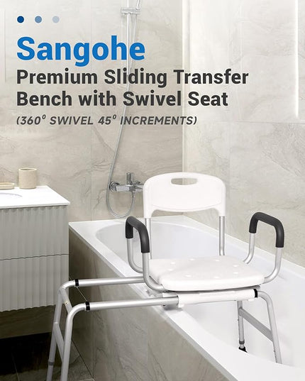 Sangohe Shower Chair for Inside Shower, Sliding Shower Chair, Tub Transfer Bench with 360⁰ Swivel Seat, Tub Transfer Benches for Bathtubs, Medical Shower Seat for Elderly and Disabled, 788B