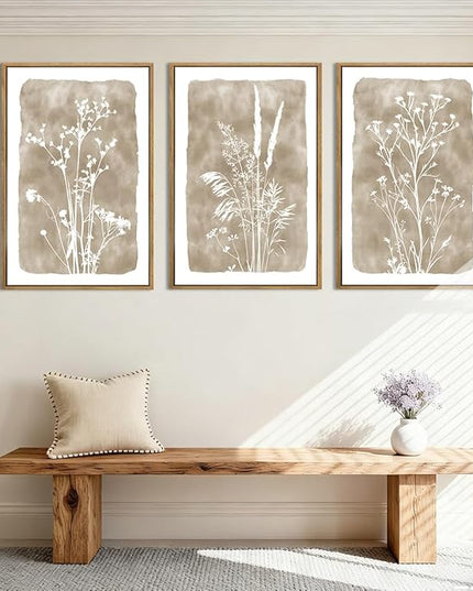 ANHUIB Beige Artwork 16x24 Inch Framed Beige Floral Wall Art Large Neutral Wildflower Wall Decor Vintage Plant Art Prints Set of 3 for Living Room Bedroom Office