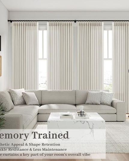 Pinch Pleated Light Filtering 96 Inches Long Curtains for Living Room, Thick Privacy Pleat Off White Linen Curtain 8 ft Length Rustic Country Drapes for High Ceiling to Floor Tall Windows 2 Panels