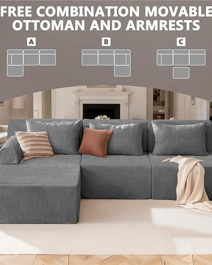 93" Sectional Couches for Living Room, Modular Sectional Sofa, Cloud Couch with L-Shape Chaise, Boneless Couches, Comfy Corduroy Fluffy Couch with Deep Seat, No Assembly Required, Grey