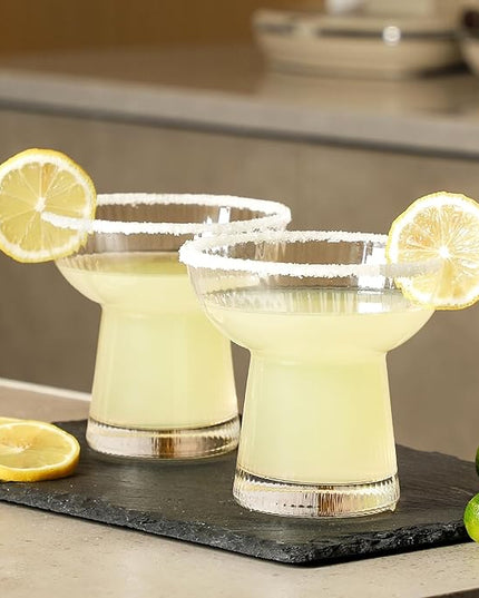 Lysenn Stemless Margarita Glasses Set of 4 - Elegant Vertical Stripes Cocktail Glasses – Premium Hand Blown Glassware for Martini and Mixed Drinks – 10 oz
