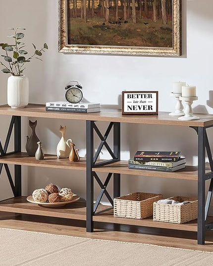 IBF Farmhouse Entryway Table, Rustic Long Console Table Behind Couch, Modern Metal Wooden Sofa Table with Storage Shelves, 3 Tier Foyer Hallway Table for Livingroom, Rustic Oak,63 in