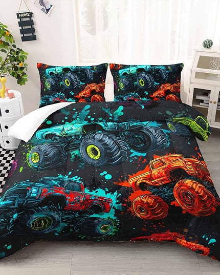 AILONEN Monster Truck Print Comforter Set Twin Size,Cartoon Trucks Bedding Sets for Kids Teens Boys,Cool Graffiti Duvet Set,3-Piece, 1 Quilt and 2 Pillowcases,Soft Microfiber