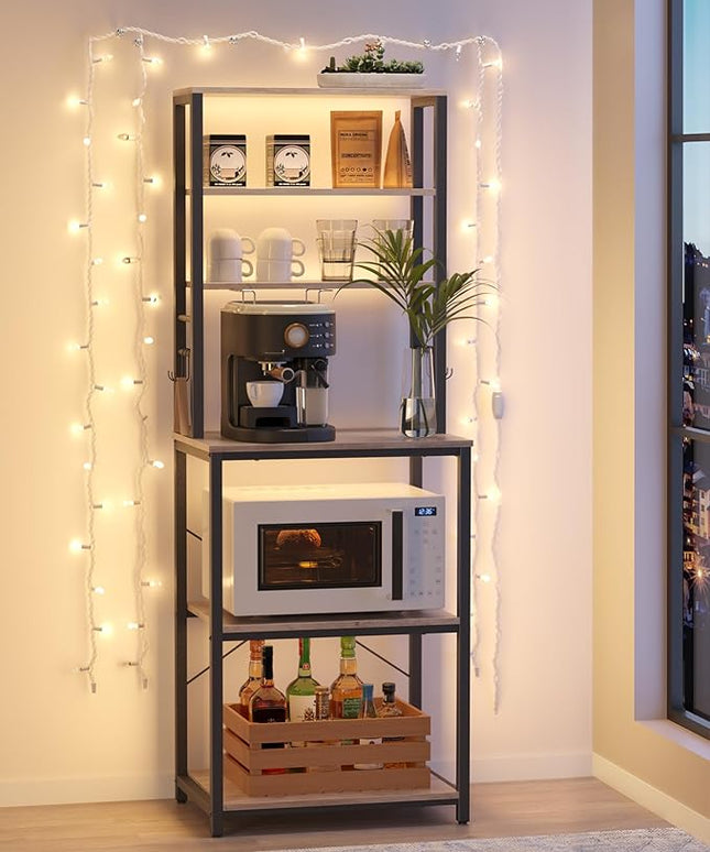 VASAGLE Coffee Bar, 23.6 Inches Baker's Rack for Kitchen with Storage, 6-Tier Kitchen Shelves with 6 Hooks, Microwave Stand, Industrial, Heather Greige and Ink Black UKKS024B02