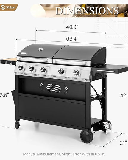 Sophia & William Propane Gas Grill and Griddle Combo with Porcelain-Enameled Cast Iron Grates, Dual Outdoor BBQ Grill with Flat Top Griddle for Barbecue, 696 SQ.IN. Cooking Area