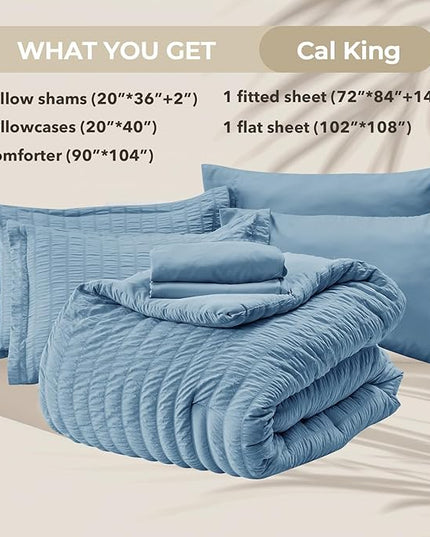 HYMOKEGE Mineral Blue California King Comforter Set Seersucker 7 Pieces, All Season Luxury Bed in a Bag for Bedroom, Bedding Set with Comforter, Sheets, Pillowcases & Shams