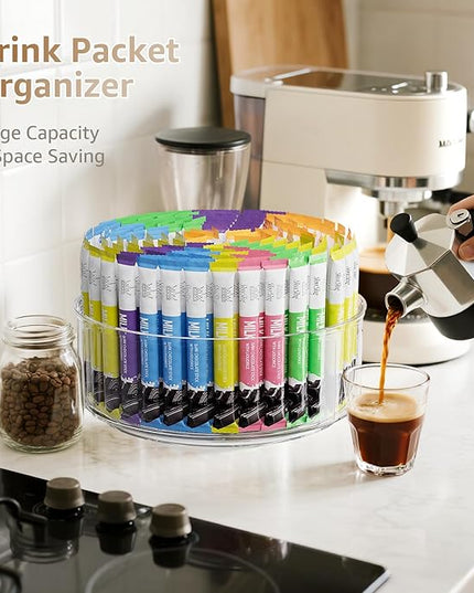 Rotating Drink Mix Organizer, Clear Lazy Susan Turntable for Powder Packet, Water Packet, Water Flavor Packet, Divided Drink Packet Organizer