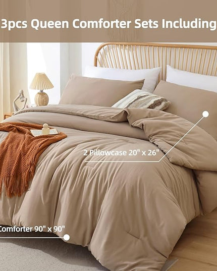 ROSGONIA Queen Comforter Set Taupe Brown, 3pcs(1 Boho Tan Comforter & 2 Pillowcases) All Season Soft Bedding Lightweight Bedspread Blanket Quilt