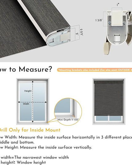 Persilux Smart Motorized Blinds with Remote, No Drill Automatic Roller Shades for Indoor Windows, Blackout Linen Fabric, Electric Blinds for Windows, Weave Blend Coal C162BO-8, Custom Size