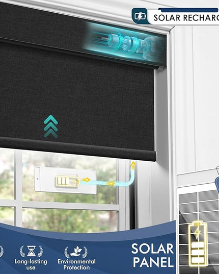 Motorized Blinds with Remote,100% Blackout Smart Roller Shades,Rechargeable Smart Blinds【Solar Panel Included】 Wireless Electric Cordless Shades with Cover Compatible with Alexa Black 46 * 72