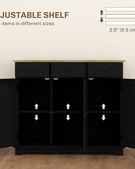 HOMCOM Sideboard with Solid Wood Countertop, Modern Kitchen Storage Cabinet, Coffee Bar Cabinet with 3 Drawers, Doors and Adjustable Shelf, Distressed Black