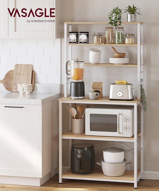 VASAGLE Coffee Bar, 31.5 Inches Baker's Rack for Kitchen with Storage, 6-Tier Kitchen Shelves with 6 Hooks, Microwave Stand, Modern, Golden Oak and Cloud White UKKS019W09