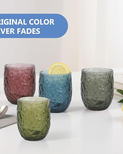 Colored Glasses Drinking Set of 4, 12oz Vintage Drinking Glasses, Drinking Glasses for Cocktail, Beer, Wine, Whiskey, Water & Juice Drinkware (Lce Cracks 4PCS)