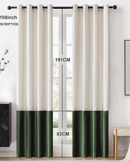 BULBUL Color Block Window Curtains Panels 108 inches Long Cream Ivory Green Velvet Farmhouse Drapes for Bedroom Living Room Darkening Treatment with Grommet Set of 2