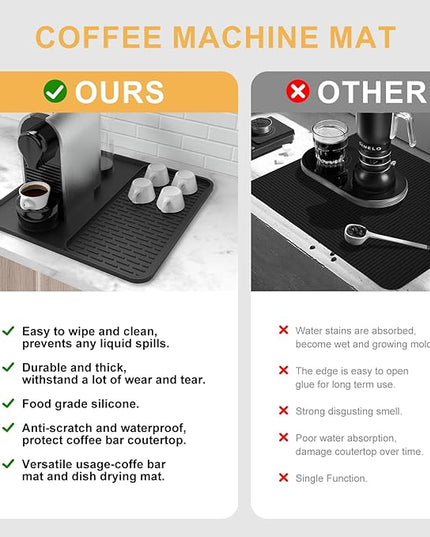 Silicone Coffee Mat,16''x16'' Coffee Bar Mat with Detachable Dish Drying Mat for Kitchen Countertops,Coffee Bar Accessories Fit Under Coffee Maker Coffee Machine Coffee Pot Espresso Machine Dish Rack