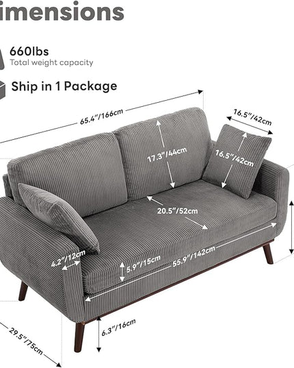 Tbfit Corduroy Couch for Living Room, Mid Century Modern Sofa with Spring Cusions for Bedroom,Comfy Upholstered Couches Easy Assembly with Solid Wood Legs & 2 Pillows (Grey, 65inch)