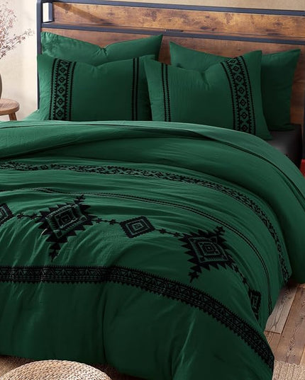 MaiRêve Embroidery Comforter Set, Boho Farmhouse Western Bedding Set, All Season Bed in A Bag Comforter Set with Sheets, Pillowcases & Shams, Emerald Green Queen 7 Pieces